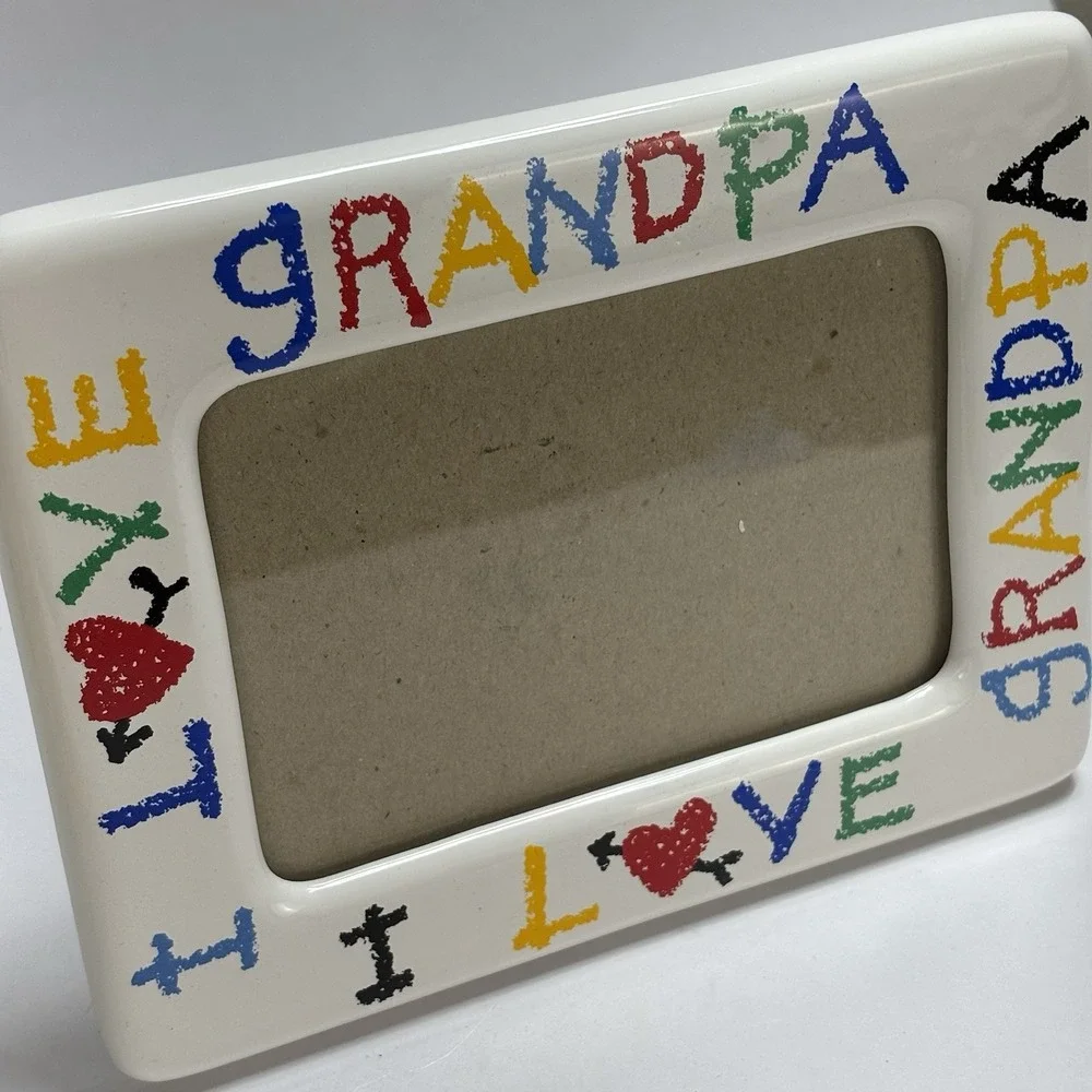 I Love My Grandpa Ceramic Picture Frame Heart Crayon Vintage 3.5